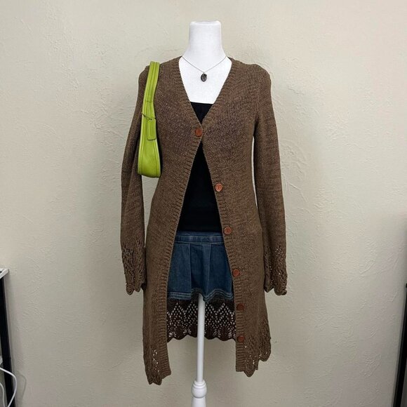 y2k brown girly boho granola long line cardigan sweater - Picture 2 of 8